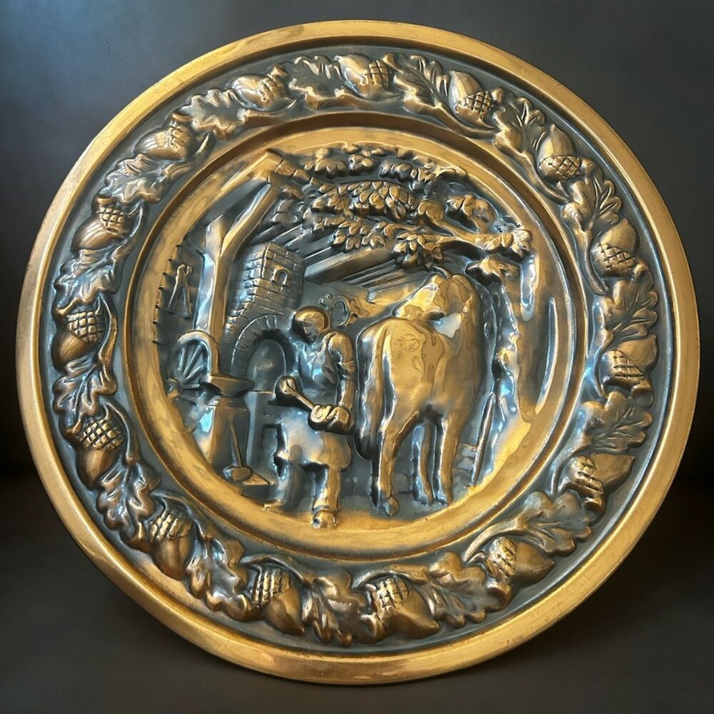 Vintage Copper Craft Guild Copper Blacksmith Shoeing Horse Plaque - 13" diameter